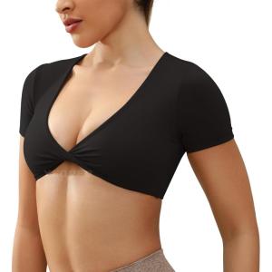 imageYEOREO Kyla Workout Crop Tops for Women Short Sleeve Twist Front Crop Tank Top Padded Sports Bra Casual ShirtsBlack