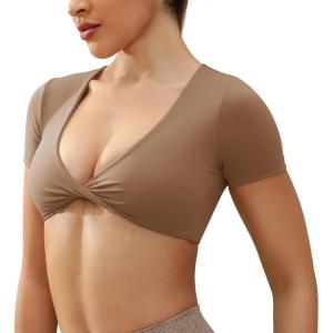 imageYEOREO Kyla Workout Crop Tops for Women Short Sleeve Twist Front Crop Tank Top Padded Sports Bra Casual ShirtsBrown