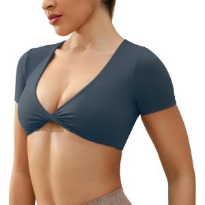 imageYEOREO Kyla Workout Crop Tops for Women Short Sleeve Twist Front Crop Tank Top Padded Sports Bra Casual ShirtsDark Blue Green