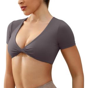 imageYEOREO Kyla Workout Crop Tops for Women Short Sleeve Twist Front Crop Tank Top Padded Sports Bra Casual ShirtsDark Grey