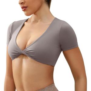 imageYEOREO Kyla Workout Crop Tops for Women Short Sleeve Twist Front Crop Tank Top Padded Sports Bra Casual ShirtsLight Grey