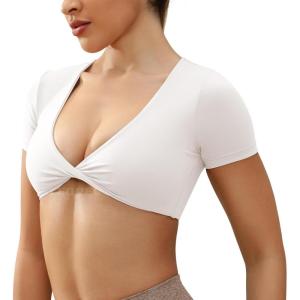 imageYEOREO Kyla Workout Crop Tops for Women Short Sleeve Twist Front Crop Tank Top Padded Sports Bra Casual ShirtsMilk White