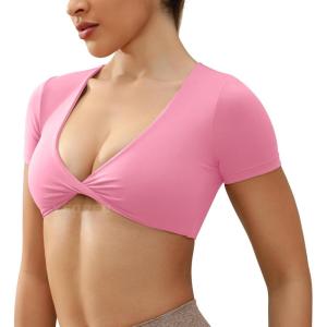 imageYEOREO Kyla Workout Crop Tops for Women Short Sleeve Twist Front Crop Tank Top Padded Sports Bra Casual ShirtsPink