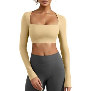 imageYEOREO Womens Long Sleeve Crop Top Lane Square Neck Crop Top Basic Slim Fit T ShirtApricot