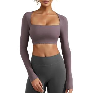 imageYEOREO Womens Long Sleeve Crop Top Lane Square Neck Crop Top Basic Slim Fit T ShirtDark Reddish Purple