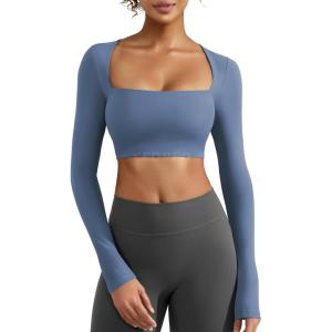 imageYEOREO Womens Long Sleeve Crop Top Lane Square Neck Crop Top Basic Slim Fit T ShirtEnsign Blue