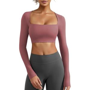 imageYEOREO Womens Long Sleeve Crop Top Lane Square Neck Crop Top Basic Slim Fit T ShirtRed Bean Paste