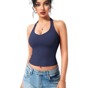 imageYEOREO Aherin Women Sexy Halter Tank Tops Slim Fit Cami Not Padded Open Back Sleeveless Y2K Going Out Crop TopDark Blue