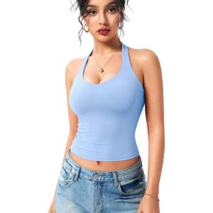 imageYEOREO Aherin Women Sexy Halter Tank Tops Slim Fit Cami Not Padded Open Back Sleeveless Y2K Going Out Crop TopLight Blue