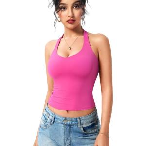 imageYEOREO Aherin Women Sexy Halter Tank Tops Slim Fit Cami Not Padded Open Back Sleeveless Y2K Going Out Crop TopRose Pink