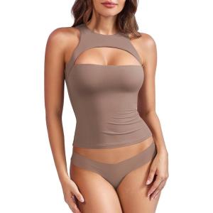imageYEOREO Double Lined Tank Tops for Women High Neck Basic Y2K Going Out Tops Breynne Open Back Workout Yoga Crop TopBrown