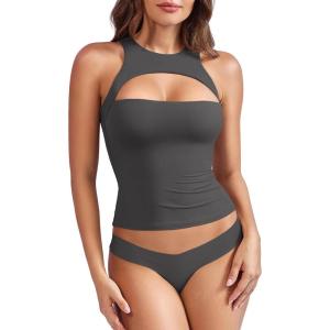 imageYEOREO Double Lined Tank Tops for Women High Neck Basic Y2K Going Out Tops Breynne Open Back Workout Yoga Crop TopDark Grey