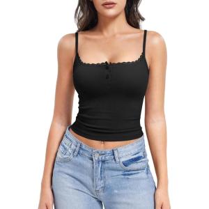 imageYEOREO Jillce Womens Ribbed Lace Cami Square Neck Tank Top Sexy Sleeveless Button Y2K Going Out Camisoles Strap Summer TopsBlack