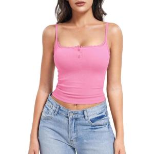 imageYEOREO Jillce Womens Ribbed Lace Cami Square Neck Tank Top Sexy Sleeveless Button Y2K Going Out Camisoles Strap Summer TopsPink