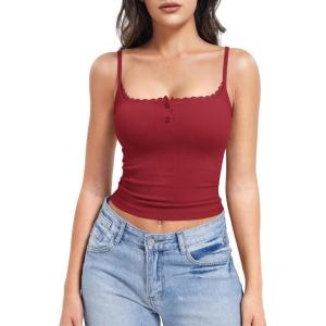 imageYEOREO Jillce Womens Ribbed Lace Cami Square Neck Tank Top Sexy Sleeveless Button Y2K Going Out Camisoles Strap Summer TopsRed