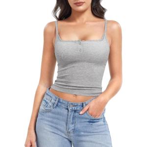 imageYEOREO Jillce Womens Ribbed Lace Cami Square Neck Tank Top Sexy Sleeveless Button Y2K Going Out Camisoles Strap Summer TopsSlate Gray