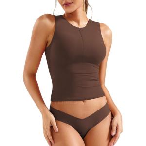 imageYEOREO Laurisa Women V Neck Tank Tops Zip Going Out Summer Sexy Sleeveless Shirts Slim Fit Double Lined Casual VestCoffee