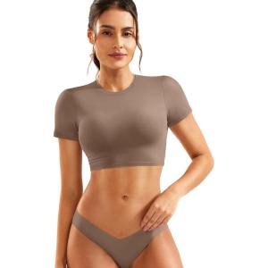 imageYEOREO Short Sleeve T Shirt for Women Double Lined Crop Top Crew Neck Workout Tee Colin Slim Fit Summer Basic Going Out TopBrown
