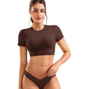 imageYEOREO Short Sleeve T Shirt for Women Double Lined Crop Top Crew Neck Workout Tee Colin Slim Fit Summer Basic Going Out TopCoffee