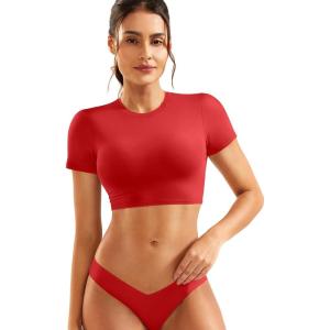 imageYEOREO Short Sleeve T Shirt for Women Double Lined Crop Top Crew Neck Workout Tee Colin Slim Fit Summer Basic Going Out TopRed