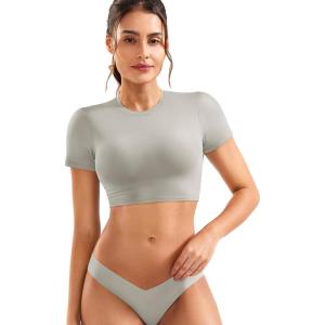 imageYEOREO Short Sleeve T Shirt for Women Double Lined Crop Top Crew Neck Workout Tee Colin Slim Fit Summer Basic Going Out TopSilver Grey