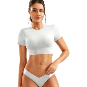 imageYEOREO Short Sleeve T Shirt for Women Double Lined Crop Top Crew Neck Workout Tee Colin Slim Fit Summer Basic Going Out TopWhite