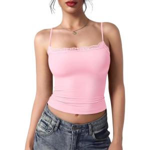 imageYEOREO Women Lace Tank Top Slim Fit Cami Sexy Sleeveless Y2K Going Out Camisoles Strap Basic TopsCherry Pink