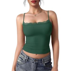 imageYEOREO Women Lace Tank Top Slim Fit Cami Sexy Sleeveless Y2K Going Out Camisoles Strap Basic TopsDark Green