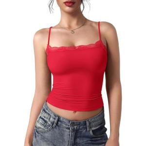 imageYEOREO Women Lace Tank Top Slim Fit Cami Sexy Sleeveless Y2K Going Out Camisoles Strap Basic TopsRed