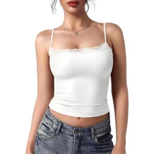 imageYEOREO Women Lace Tank Top Slim Fit Cami Sexy Sleeveless Y2K Going Out Camisoles Strap Basic TopsWhite