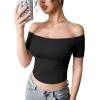 imageYEOREO Luzlie Womens TShirts Off Shoulder Double Lined Fit Basic Going Out Cute Tee Short Sleeve Y2K Crop TopsBlack