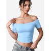 imageYEOREO Luzlie Womens TShirts Off Shoulder Double Lined Fit Basic Going Out Cute Tee Short Sleeve Y2K Crop TopsBlue
