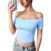 imageYEOREO Luzlie Womens TShirts Off Shoulder Double Lined Fit Basic Going Out Cute Tee Short Sleeve Y2K Crop TopsBlue