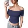 imageYEOREO Luzlie Womens TShirts Off Shoulder Double Lined Fit Basic Going Out Cute Tee Short Sleeve Y2K Crop TopsDeep Blue