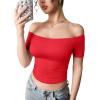 imageYEOREO Luzlie Womens TShirts Off Shoulder Double Lined Fit Basic Going Out Cute Tee Short Sleeve Y2K Crop TopsRed
