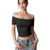 imageYEOREO Luzlie Womens TShirts Off Shoulder Double Lined Fit Basic Going Out Cute Tee Short Sleeve Y2K Crop TopsBlack