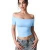 imageYEOREO Luzlie Womens TShirts Off Shoulder Double Lined Fit Basic Going Out Cute Tee Short Sleeve Y2K Crop TopsBlue