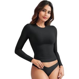 imageYEOREO Long Sleeve Shirts for Women y2k Tops Double Lined Basic Tee Crew Neck Going Out Sweeney Workout UndershirtBlack