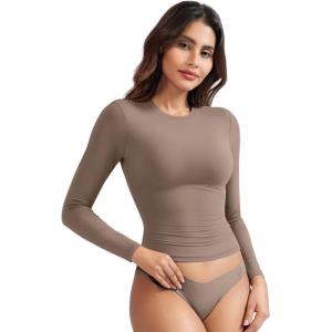 imageYEOREO Long Sleeve Shirts for Women y2k Tops Double Lined Basic Tee Crew Neck Going Out Sweeney Workout UndershirtBrown