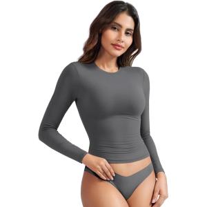 imageYEOREO Long Sleeve Shirts for Women y2k Tops Double Lined Basic Tee Crew Neck Going Out Sweeney Workout UndershirtCoal