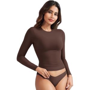 imageYEOREO Long Sleeve Shirts for Women y2k Tops Double Lined Basic Tee Crew Neck Going Out Sweeney Workout UndershirtCoffee