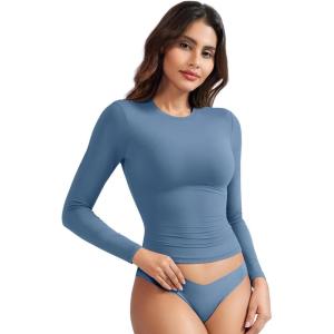 imageYEOREO Long Sleeve Shirts for Women y2k Tops Double Lined Basic Tee Crew Neck Going Out Sweeney Workout UndershirtHaze Blue