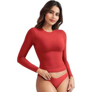 imageYEOREO Long Sleeve Shirts for Women y2k Tops Double Lined Basic Tee Crew Neck Going Out Sweeney Workout UndershirtRed
