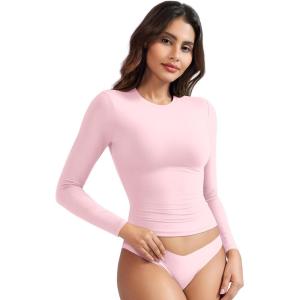 imageYEOREO Long Sleeve Shirts for Women y2k Tops Double Lined Basic Tee Crew Neck Going Out Sweeney Workout UndershirtSakura Pink