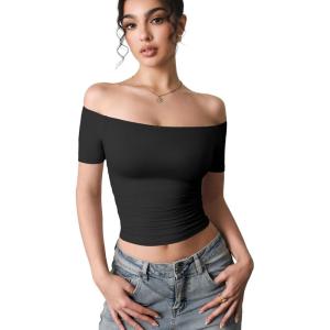 imageYEOREO Luzlie Womens TShirts Off Shoulder Double Lined Fit Basic Going Out Cute Tee Short Sleeve Y2K Crop TopsBlack