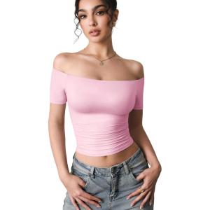 imageYEOREO Luzlie Womens TShirts Off Shoulder Double Lined Fit Basic Going Out Cute Tee Short Sleeve Y2K Crop TopsCherry Pink