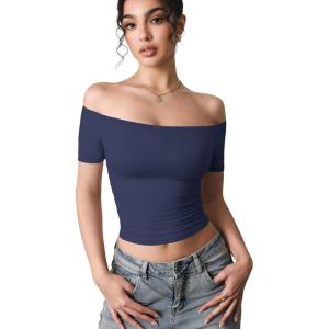 imageYEOREO Luzlie Womens TShirts Off Shoulder Double Lined Fit Basic Going Out Cute Tee Short Sleeve Y2K Crop TopsDeep Blue