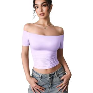 imageYEOREO Luzlie Womens TShirts Off Shoulder Double Lined Fit Basic Going Out Cute Tee Short Sleeve Y2K Crop TopsPurple