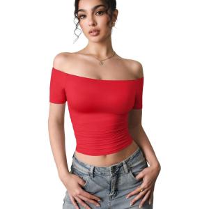 imageYEOREO Luzlie Womens TShirts Off Shoulder Double Lined Fit Basic Going Out Cute Tee Short Sleeve Y2K Crop TopsRed