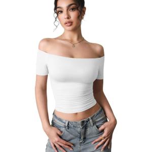 imageYEOREO Luzlie Womens TShirts Off Shoulder Double Lined Fit Basic Going Out Cute Tee Short Sleeve Y2K Crop TopsWhite